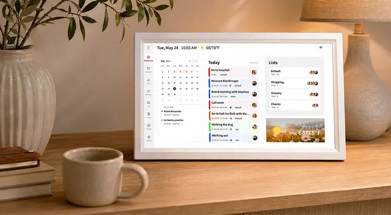 Smart planner on a kitchen counter showing lists