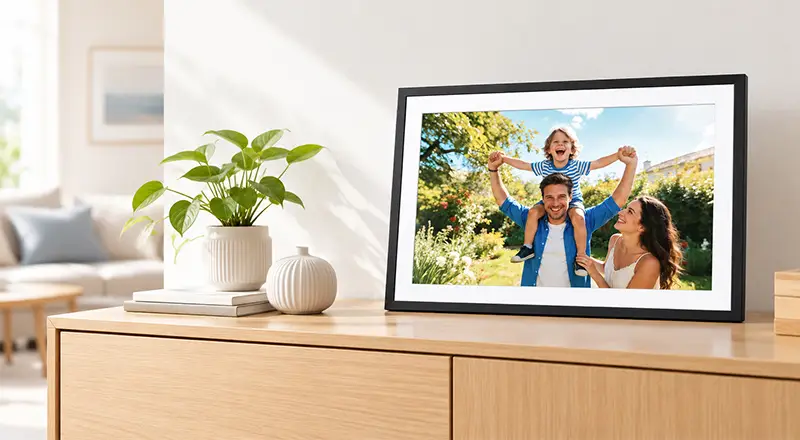Digital photo frame displaying a family photo