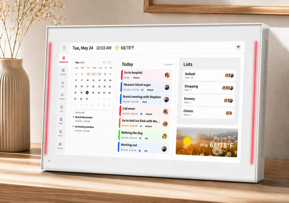 Smart Family Planner showing today's events, a monthly calendar and family lists